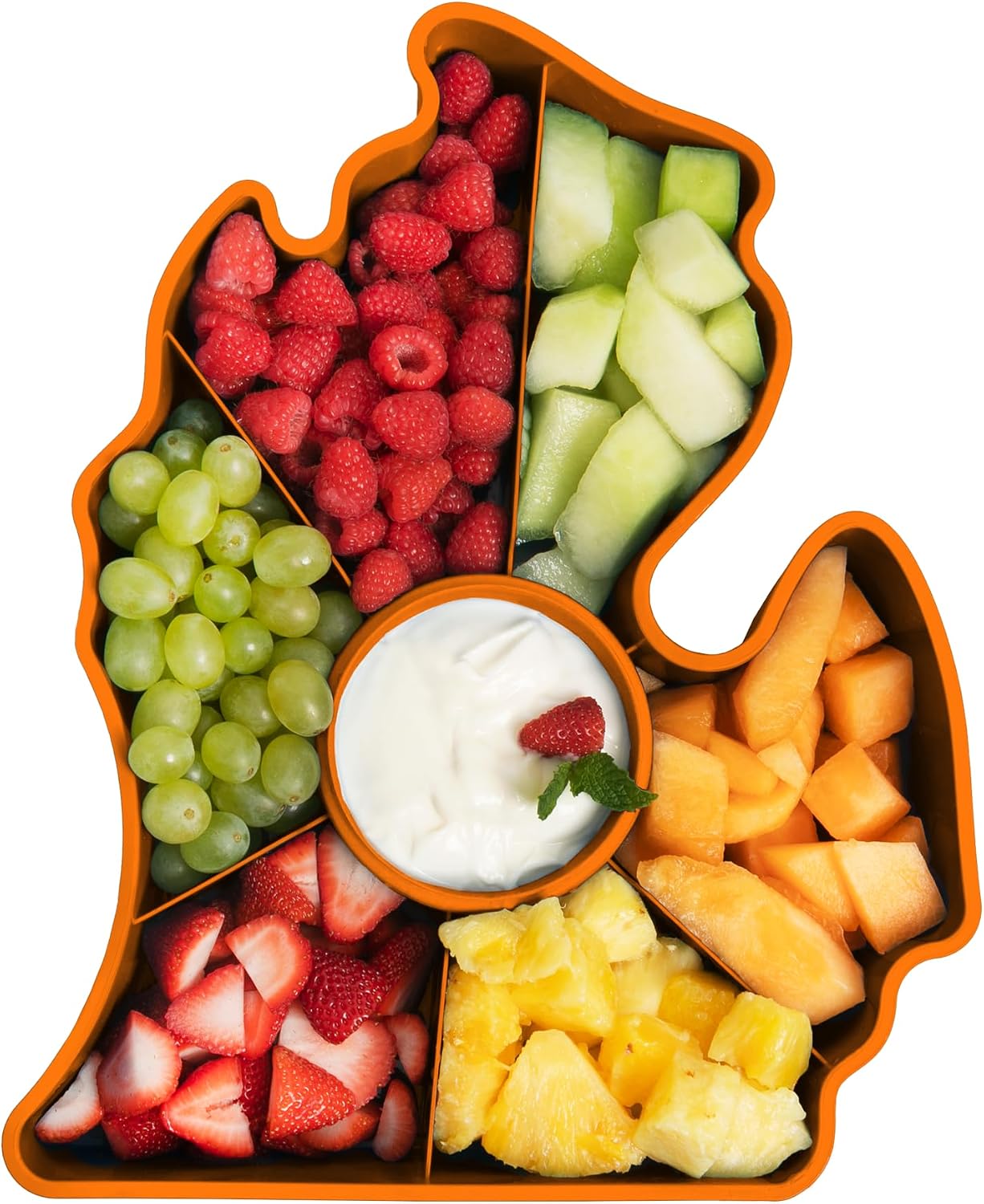 KOLORAE Michigan Serving Tray - Unique 7 Compartment Mitten State Reusable Snack Tray w/Dressing Cup. Great for Entertaining and Storage for Appetizers, Snacks, Chips & Dip