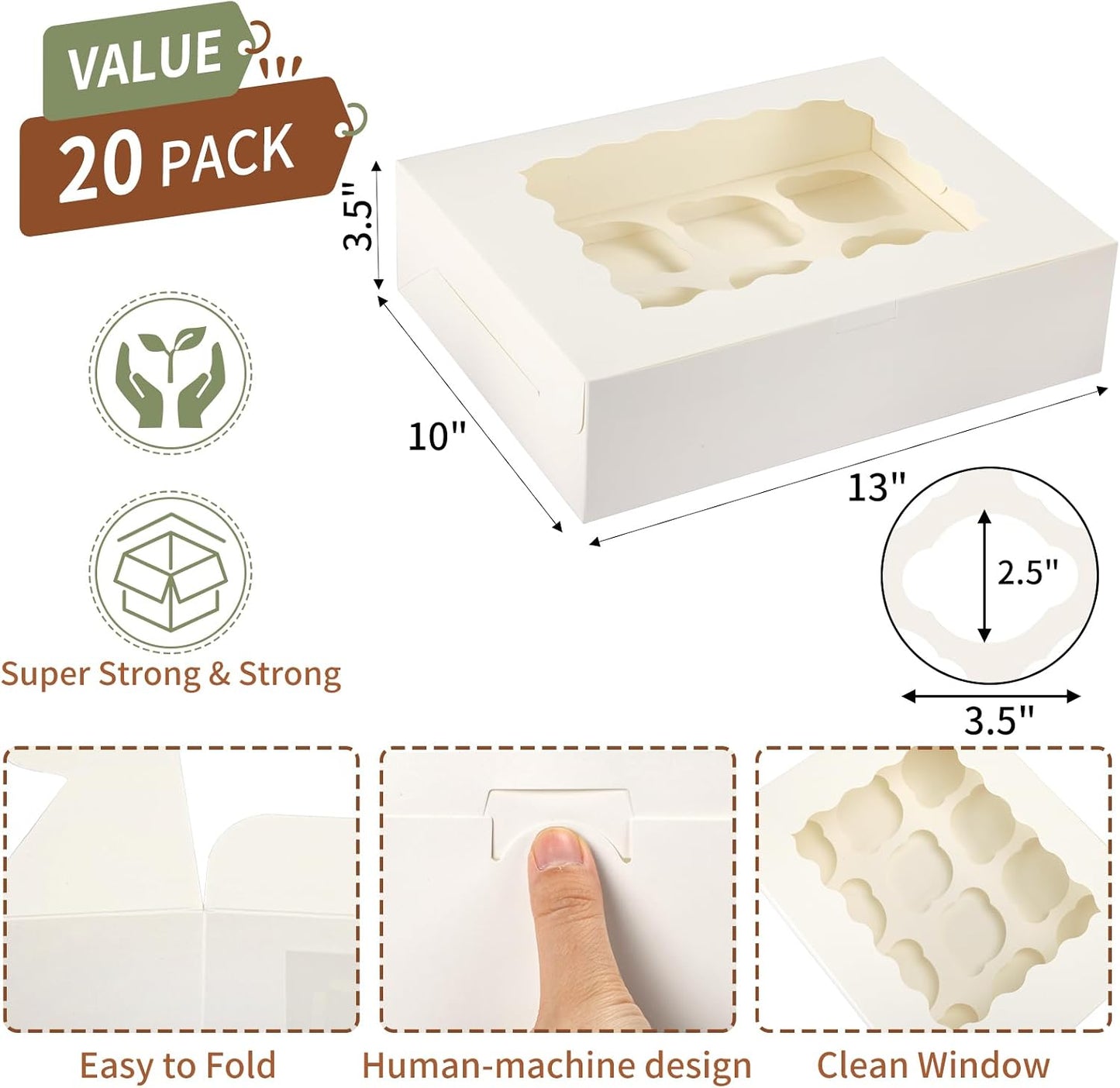 TOMNK 6 Count White Cupcake Boxes with Window - 36 Total Capacity Cupcake Carrier Sets for Birthday Holiday Party Bakery Supplies