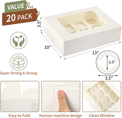 TOMNK 6 Count White Cupcake Boxes with Window - 36 Total Capacity Cupcake Carrier Sets for Birthday Holiday Party Bakery Supplies