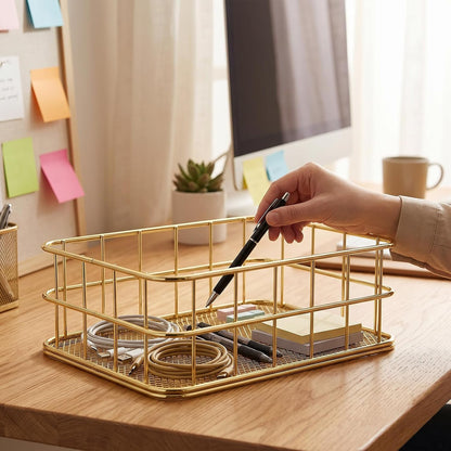 Gold Metal Wire Basket, 6.7 x 4.7 x 2.4 Inch Small Storage Basket Stackable Metal Wire Mesh Bin with Handles for Organizing, for Home Desk Pantry Bathroom Kitchen Countertop, Gold