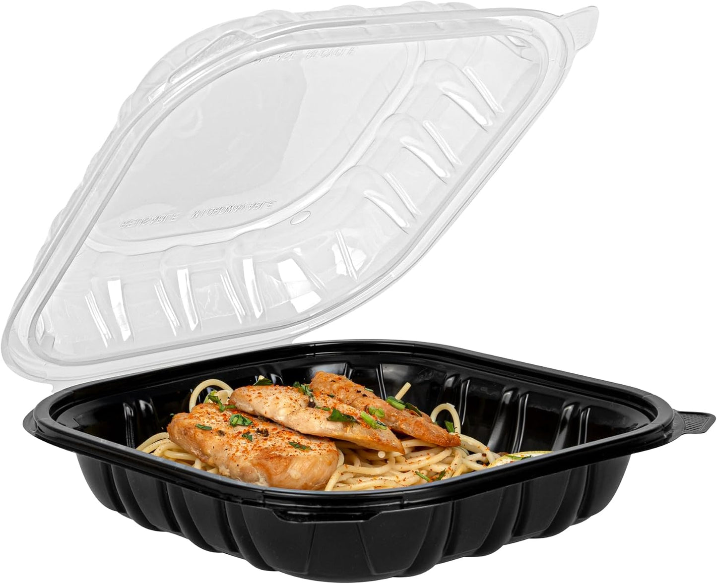 Thermo Tek 40 Ounce Clamshell Containers, 50 Disposable Take Out Boxes - 3 Compartments, Ventilated Lids, Black Plastic Meal Prep Containers, Microwavable, For Pasta Or Salads - Restaurantware