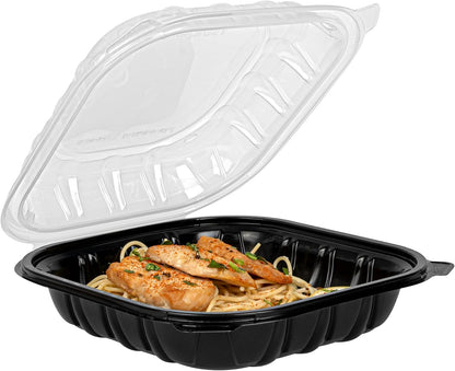 Thermo Tek 40 Ounce Clamshell Containers, 50 Disposable Take Out Boxes - 3 Compartments, Ventilated Lids, Black Plastic Meal Prep Containers, Microwavable, For Pasta Or Salads - Restaurantware