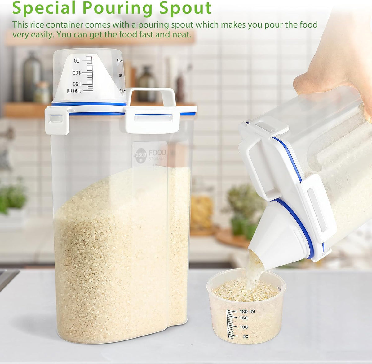 Viretec Rice Storage Container, 15 to 20lb Dry Food Airtight Dispenser, Pet Dog Cat Food Canister, BPA Free Clear Plastic Kitchen and Pantry Bin for Oatmeal, Cereal, Pasta, Flour Pack of 2 Grey