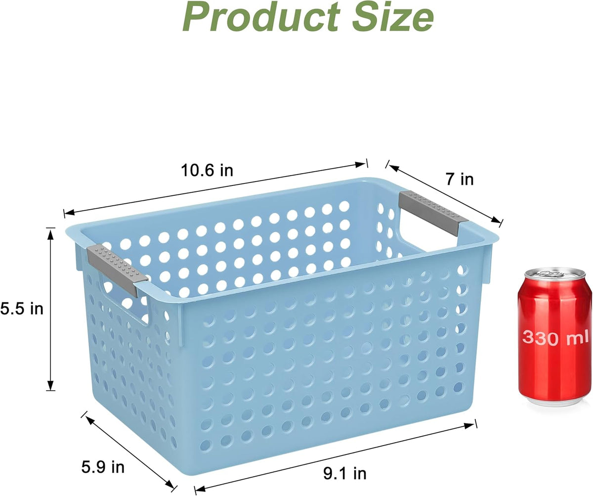 Soddeph 4 Pack Plastic Storage Basket with Handles, Small Deep Organizer Bin with Hollow Design for Under Counter, Shelf, Closet, Kitchen or Bathroom (White, Small)