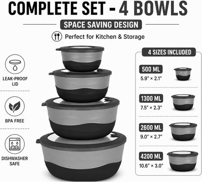 Pera Mixing Bowls with Lids, 8-Piece Airtight Leak-Proof Nesting BPA-Free Bowl Set for Kitchen & Food Storage, Large 4200ml Capacity, Microwave & Dishwasher Safe