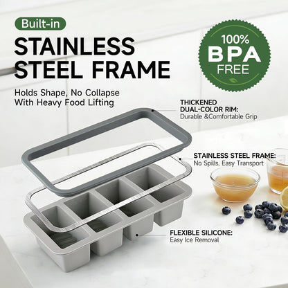 Tvmania 2-Pack Silicone Freezer Tray with Lid - 1 Cup / 4 Compartment Soup Freezer Container for Broth, Sauce & Meal Prep - Large Ice Cube Tray for Whiskey - Stackable, Easy Release, Oven Safe
