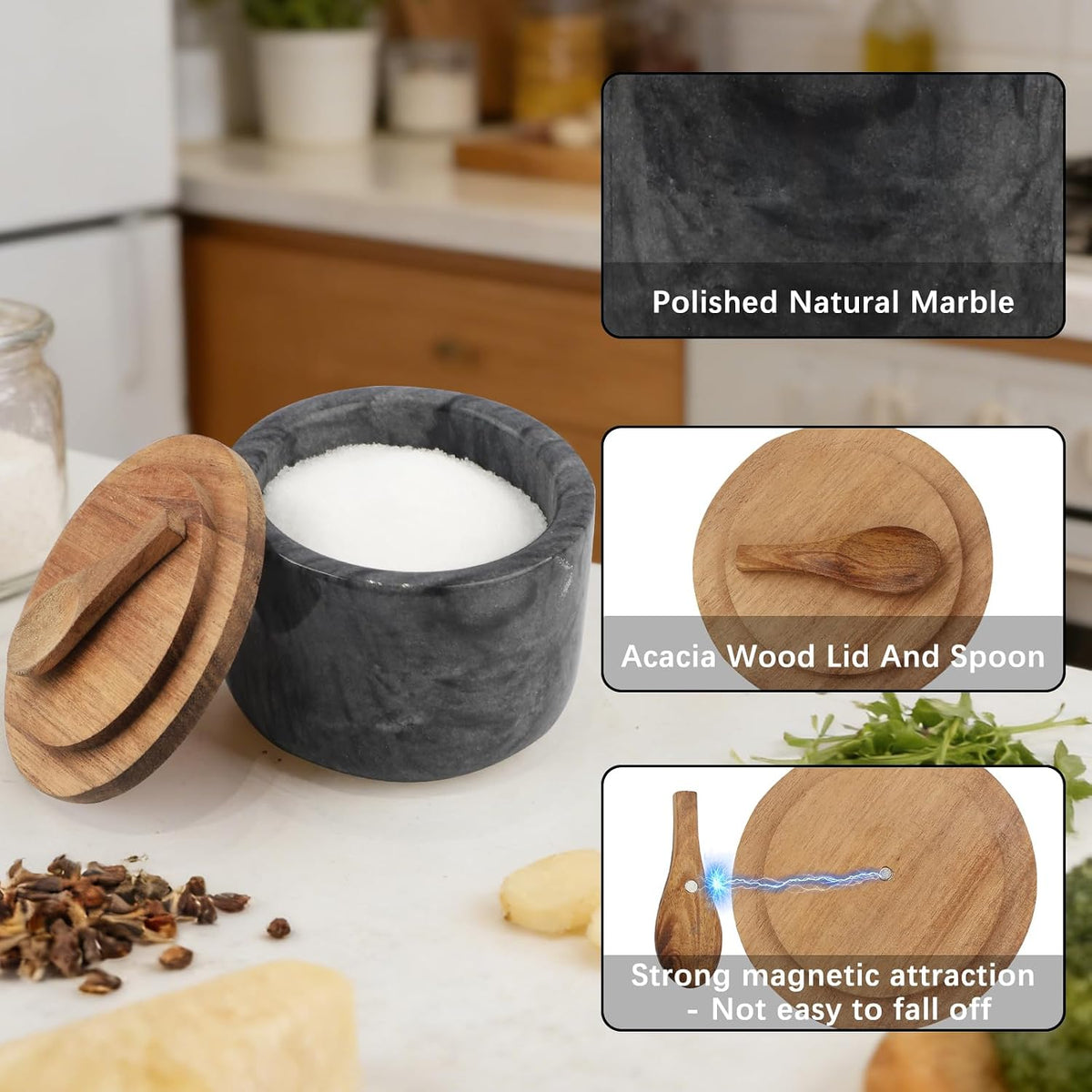 Salt and Pepper Spice Cellar, Marble Container for Coffee, Sugar, Spices and Candies, With Built-in Magnetic Attraction Spoon and Acacia Wood Lid, 6.5 oz (Snowflake White)