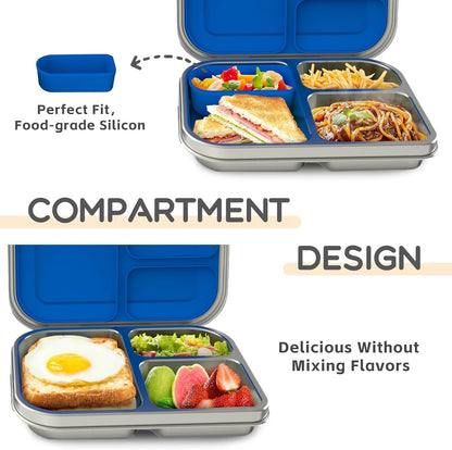 BOSEDSANG Stainless Steel Kids Leak-Resistant Bento Lunch Box, 3-Compartments with Silicone Container, Dishwasher-Safe, Child-Friendly Design for School, Picnics & Travel,BPA-Free(Pink)