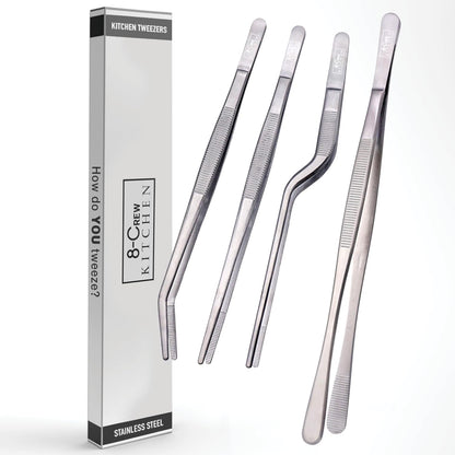 8-CREW KITCHEN Chef Tweezers - 3 Stainless Steel 8” Culinary Tweezers for Plating, Bar and Multi-Purpose with a 10” 304 S/S Tweezer for Cooking