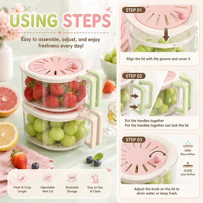 Fruit Vegetable Washing Bowl with Strainer and Lid, Multifunctional Portable Colander, Berry Lettuce Storage Container for Fridge Refrigerator Kitchen Organization, BPA‑Free Food‑Safe Drain Container