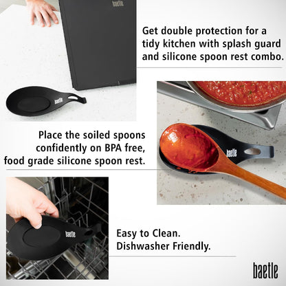 Foldable, Nonstick, Grease Splatter Guard for Stove Top by Baetle– Heavy-Duty Stainless Steel Oil Splash Shield, Premium Black Style, 29.5" Wide Back Panel, 13.6" Deep–with Spoon Rest