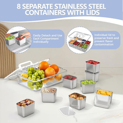 Snackle Box Container with 8 Removable Stainless Steel Containers – Clear Divided Serving Snack Tray with Lid & Handle – Leak-Proof for Wet/Dry Food – Perfect for Parties, Travel, Office