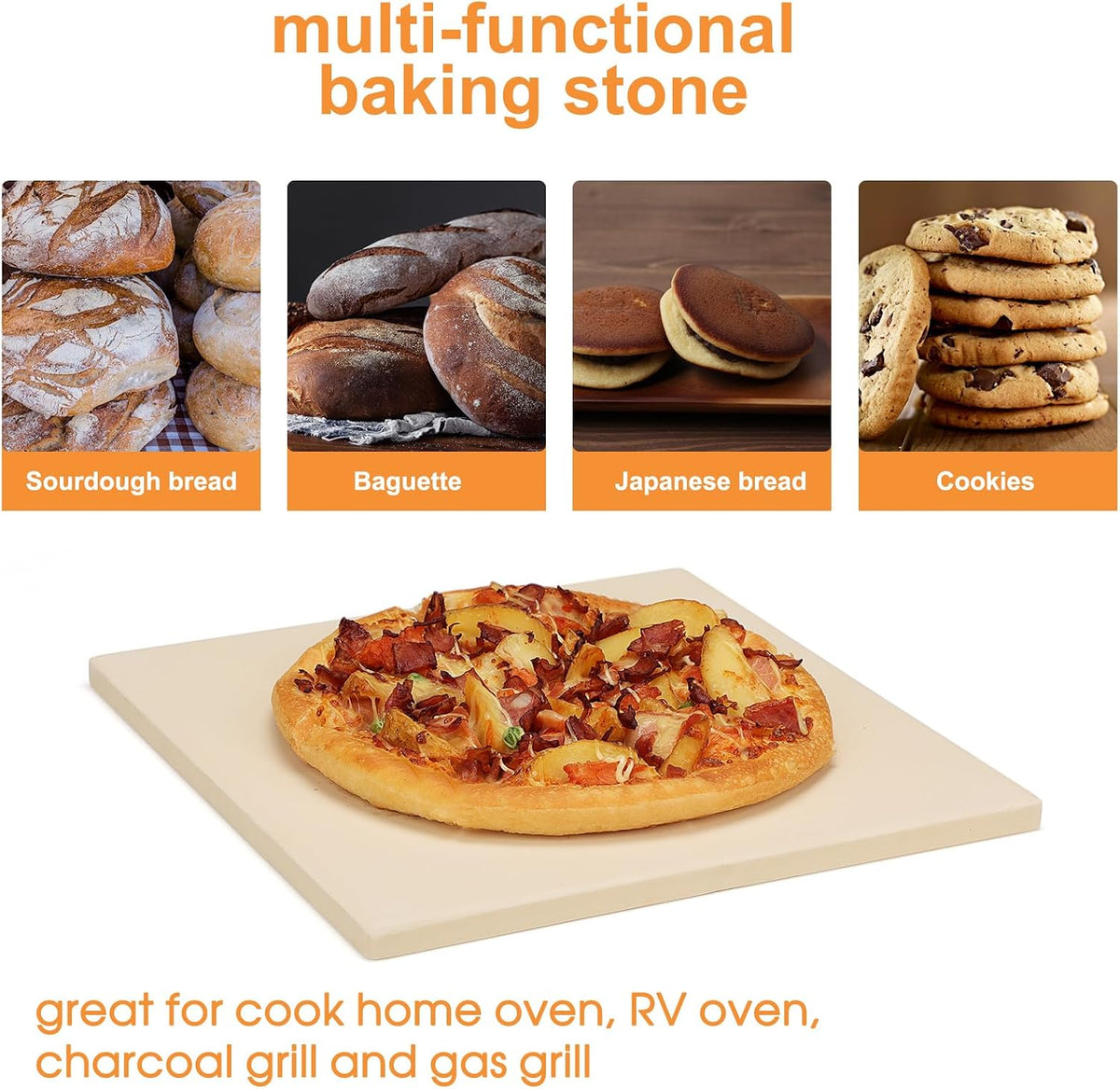 Small 10x10 Inch Cordierite Pizza Stone for RV Camper Oven & Grill, Square Baking Stone for Pizza, Bread, Pies, BBQ, Durable and Safe, with Plastic Scraper