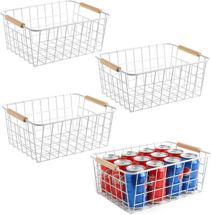 Kitchen Wire Baskets Farmhouse Decor Metal Food Storage Organizer,Household Refrigerator Bin with Built-in Handles for Cabinets, Pantry, Bathroom,2 Packs(white)