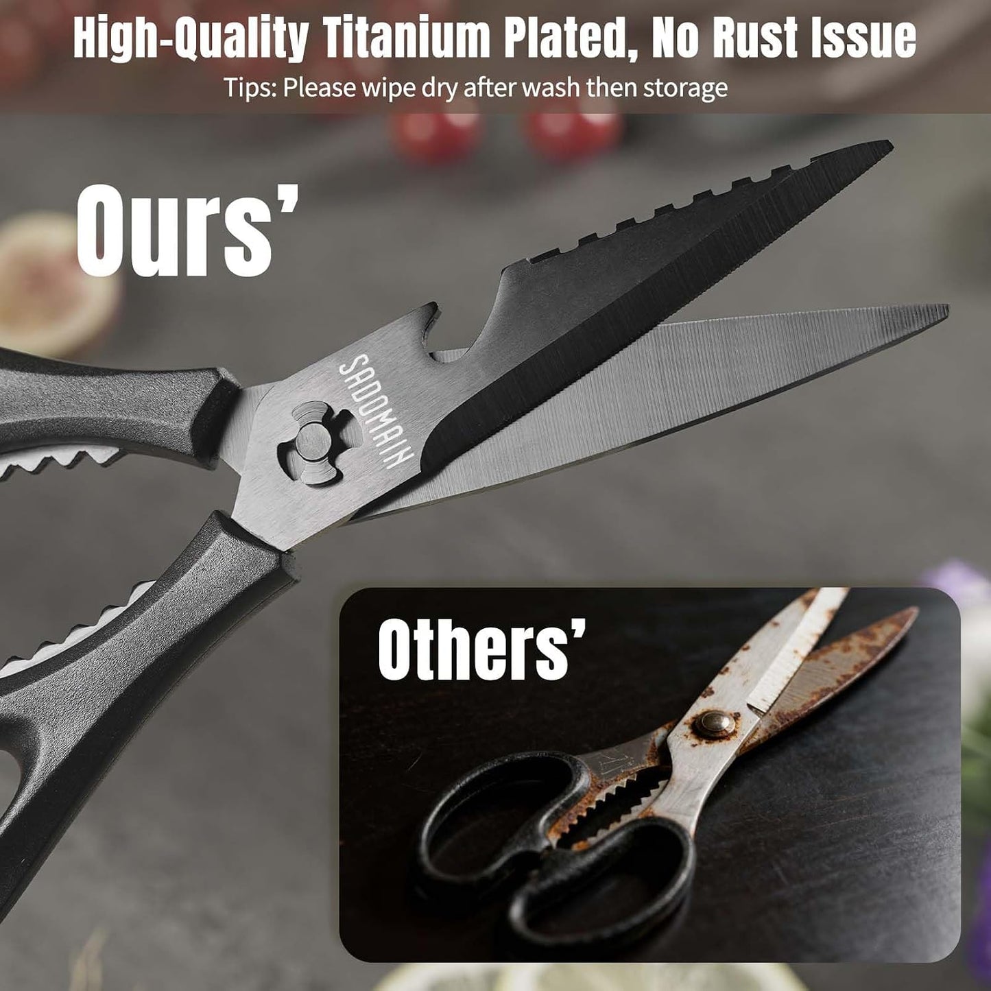 Kitchen Scissors All Purpose, Extra Sharp Kitchen Shears with Knife Sharpener & Sheath, Solid & Durable Stainless Steel Scissors with ANTI-RUST Black Titanium Plated, Dishwasher Safe - Black