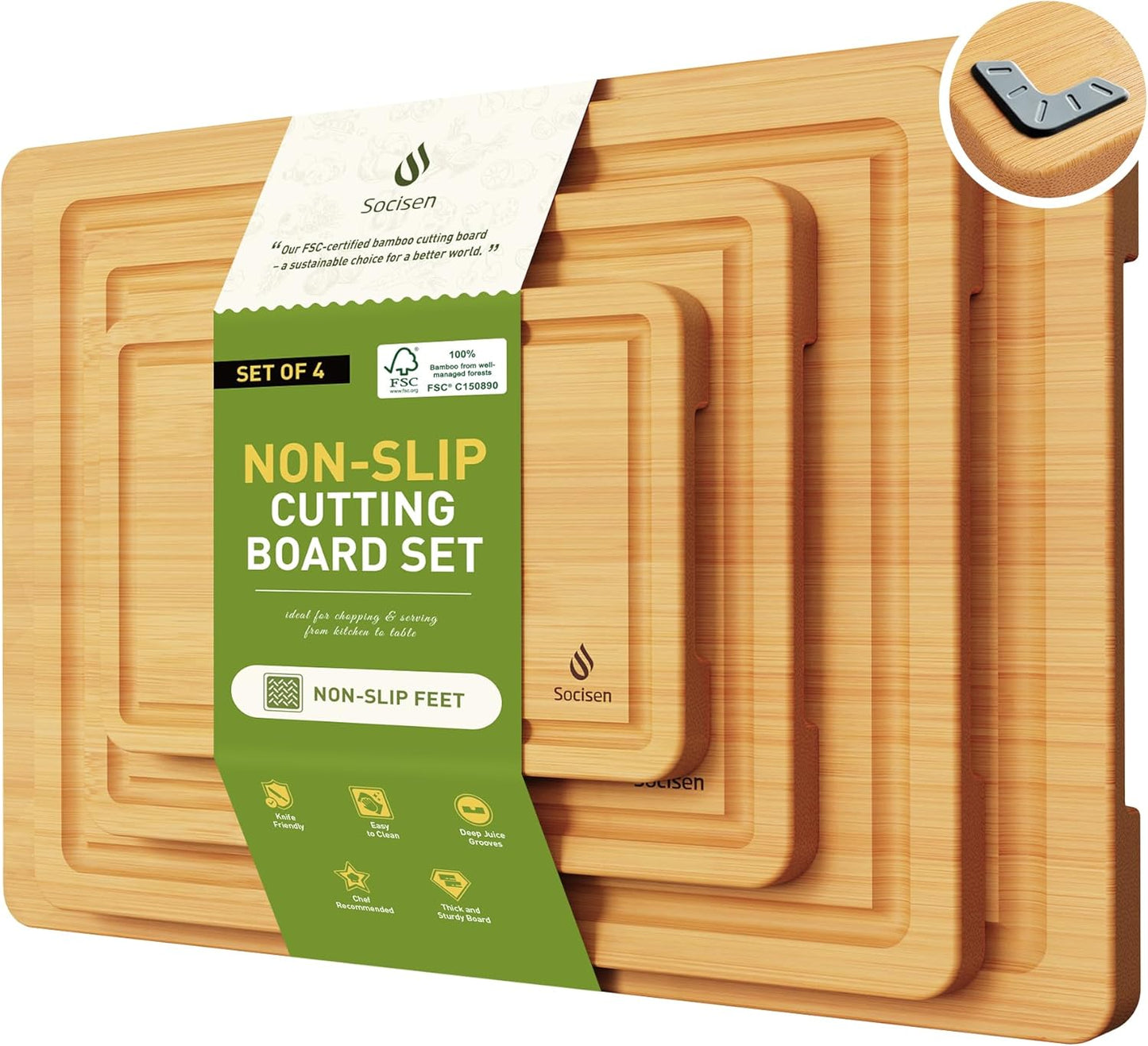 3 Packs Bamboo Cutting Board Set with Non Slip Feet and Over Sink Nice Solid Thick Wood Juice Groove Chopping Board Extra Large Big Small Best Hardwood Kitchen Counter Organic Vegetable