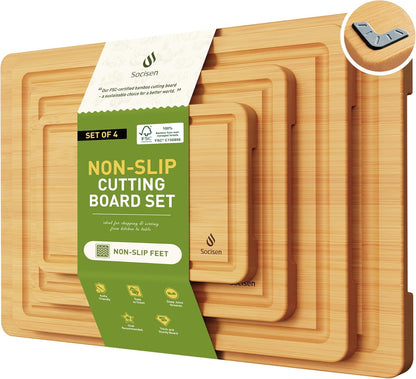 3 Packs Bamboo Cutting Board Set with Non Slip Feet and Over Sink Nice Solid Thick Wood Juice Groove Chopping Board Extra Large Big Small Best Hardwood Kitchen Counter Organic Vegetable
