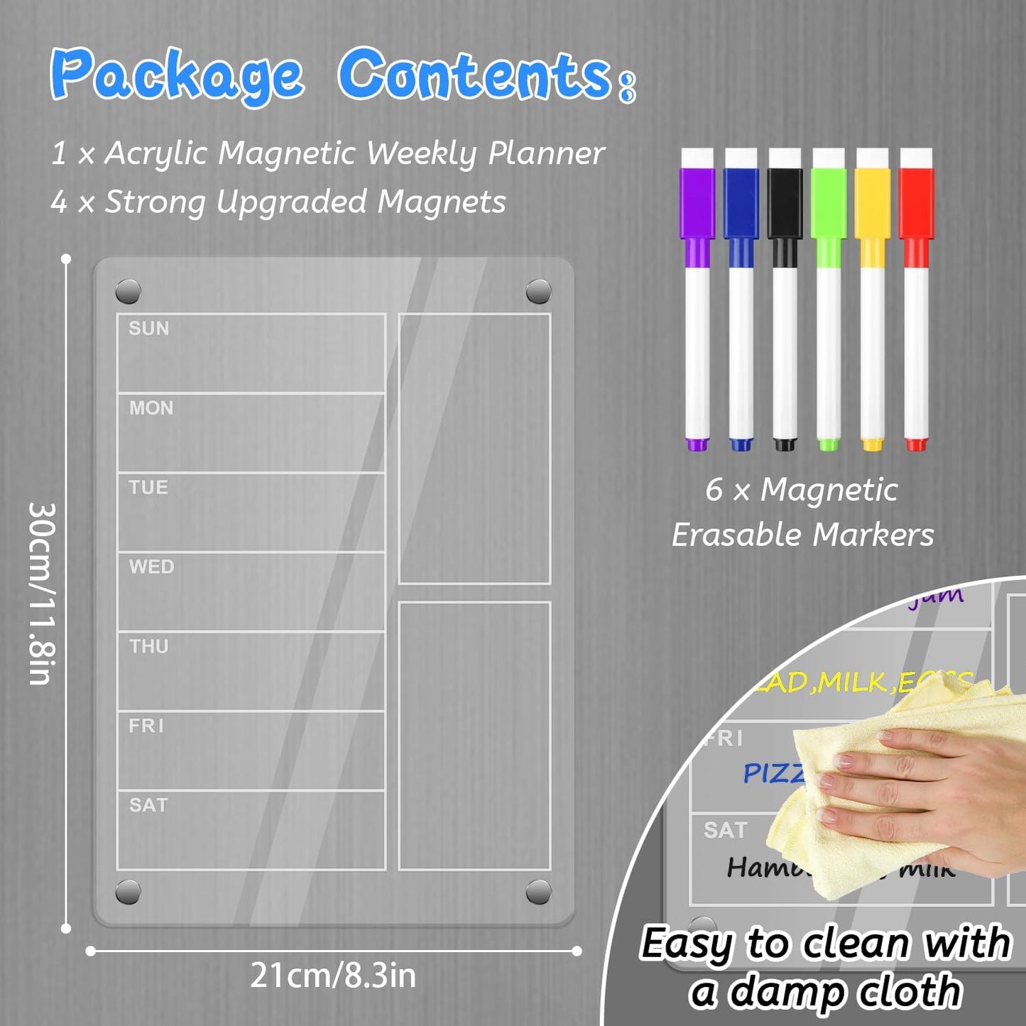 SULOLI Acrylic Magnetic Weekly Planner for Fridge, Clear Weekly Meal Planner for Refrigerator with 6 Magnetic Erasable Markers 8"x12"
