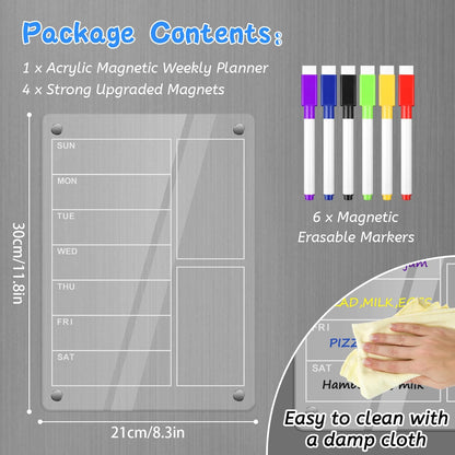 SULOLI Acrylic Magnetic Weekly Planner for Fridge, Clear Weekly Meal Planner for Refrigerator with 6 Magnetic Erasable Markers 8"x12"