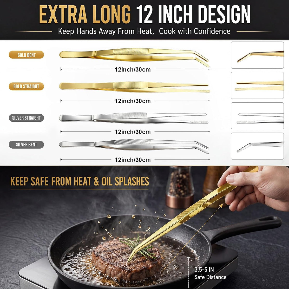 Hicarer 4 Pack Kitchen Tweezers Tongs 12 Inch Stainless Steel Cooking Tweezers for Chef Professional Gold and Silver Precision Plating Tongs for Grilling BBQ Sushi Meat Fish Pasta Cocktail
