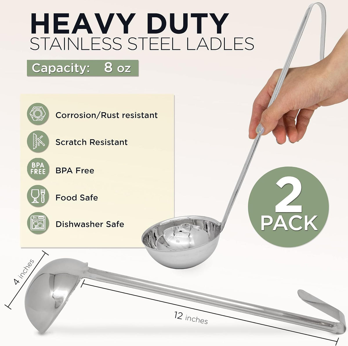 Fit Meal Prep [2 Pack] 2 oz Stainless Steel Soup Ladle, One-Piece Sauce Spatula with Hook Handles, Commercial Grade Serving Spoon, Kitchen Tool for Restaurant or Home Cooking, Mirror Finish, 12" Long