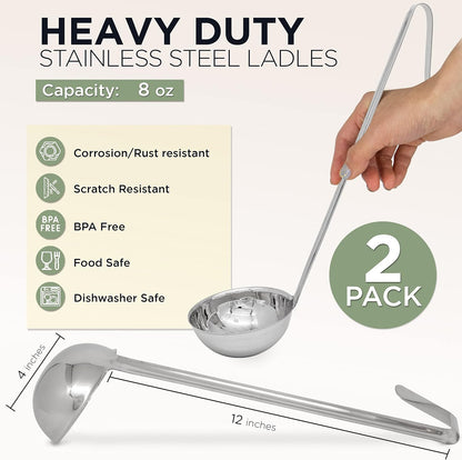 Fit Meal Prep [2 Pack] 2 oz Stainless Steel Soup Ladle, One-Piece Sauce Spatula with Hook Handles, Commercial Grade Serving Spoon, Kitchen Tool for Restaurant or Home Cooking, Mirror Finish, 12" Long