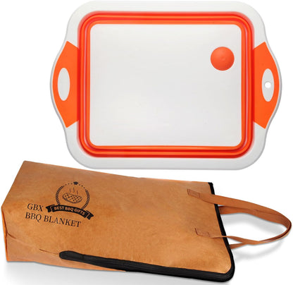 Collapsible BBQ Prep Tub & BBQ Resting Bag - Multi-Function Foldable Cutting Board, BPA Free Portable Silicone Dish Bowl, Leak Free Drain Hole for Meal Prep, Marinating, Food Storage(Orange)