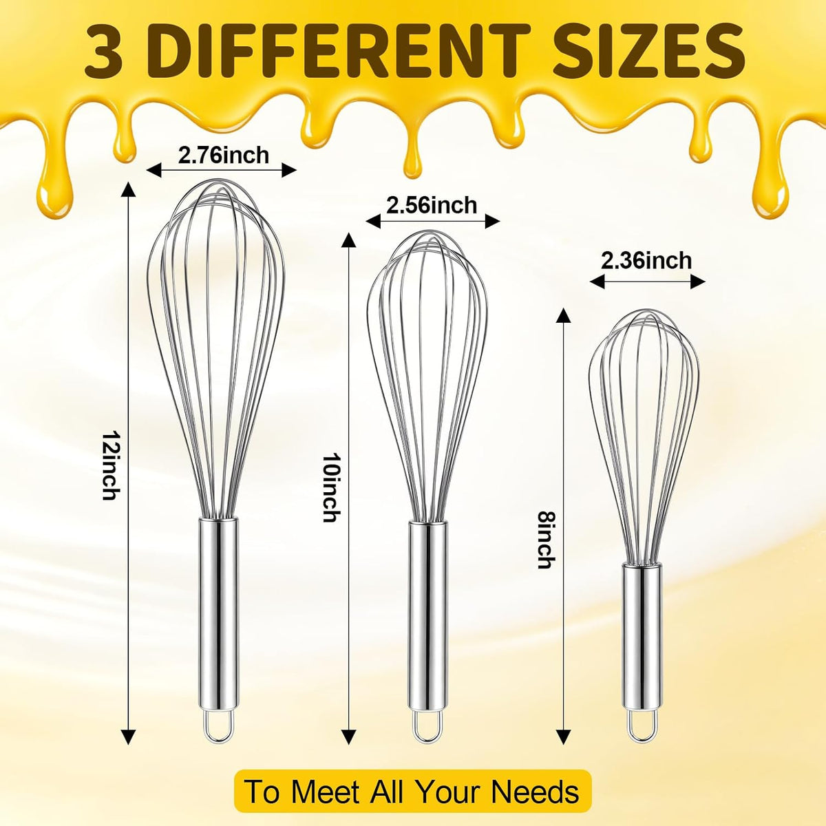 Ninsula 3 Pack Stainless Steel Whisk, 8" 10" 12" Thicken Heavy Duty Whisk Set, Food Grade Kitchen Wire Whisks for Cooking, Whisking, Blending, Stirring