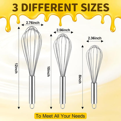 Ninsula 3 Pack Stainless Steel Whisk, 8" 10" 12" Thicken Heavy Duty Whisk Set, Food Grade Kitchen Wire Whisks for Cooking, Whisking, Blending, Stirring
