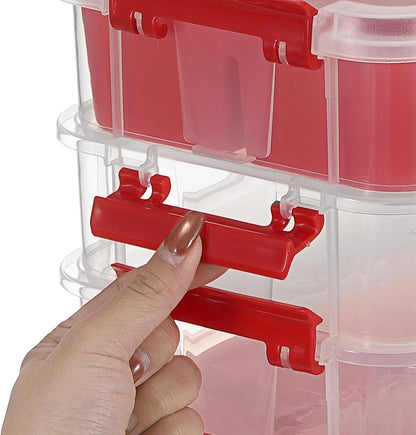 JUXYES 4-Tiers Plastic Stack Carry Storage Containers Box wih Handle Lids | Clear Stackable Latching Storage Bin With 2 Tray for School Office, Organizing Sewing, Art Craft, DIY Supplies, Blue