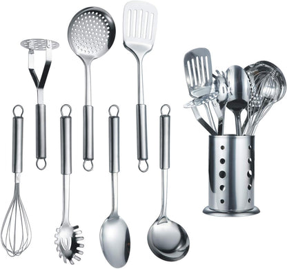 Berglander Cooking Utensil Set 13 Piece Stainless Steel Kitchen Tool Set with Holder, Include Cooking Spoon, Spatula, Whisk, Cooking Tong and etc. (13 Pieces)