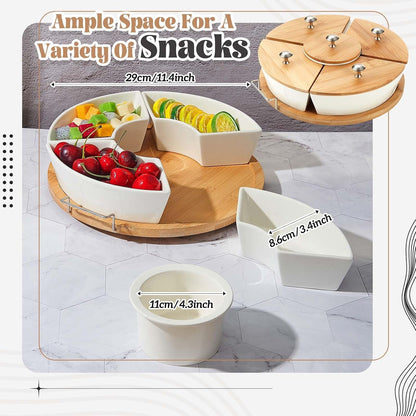 Rtteri 360° Rotatable Lazy Susan Serving Tray with Bowls 11.4'' Chip and Dip Serving Set, 5 Removable Compartment Divided Serving Dishes Ceramic Porcelain Taco Bar Platters and Trays for Party
