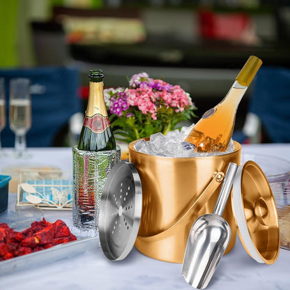 3L beige white Double Wall Insulated Stainless Steel Ice Bucket with scoop for Cocktail Bar,Metal Ice Bucket for freezer with Lid for parties.ice Container to Keep Ice Colder,bar cart accessories