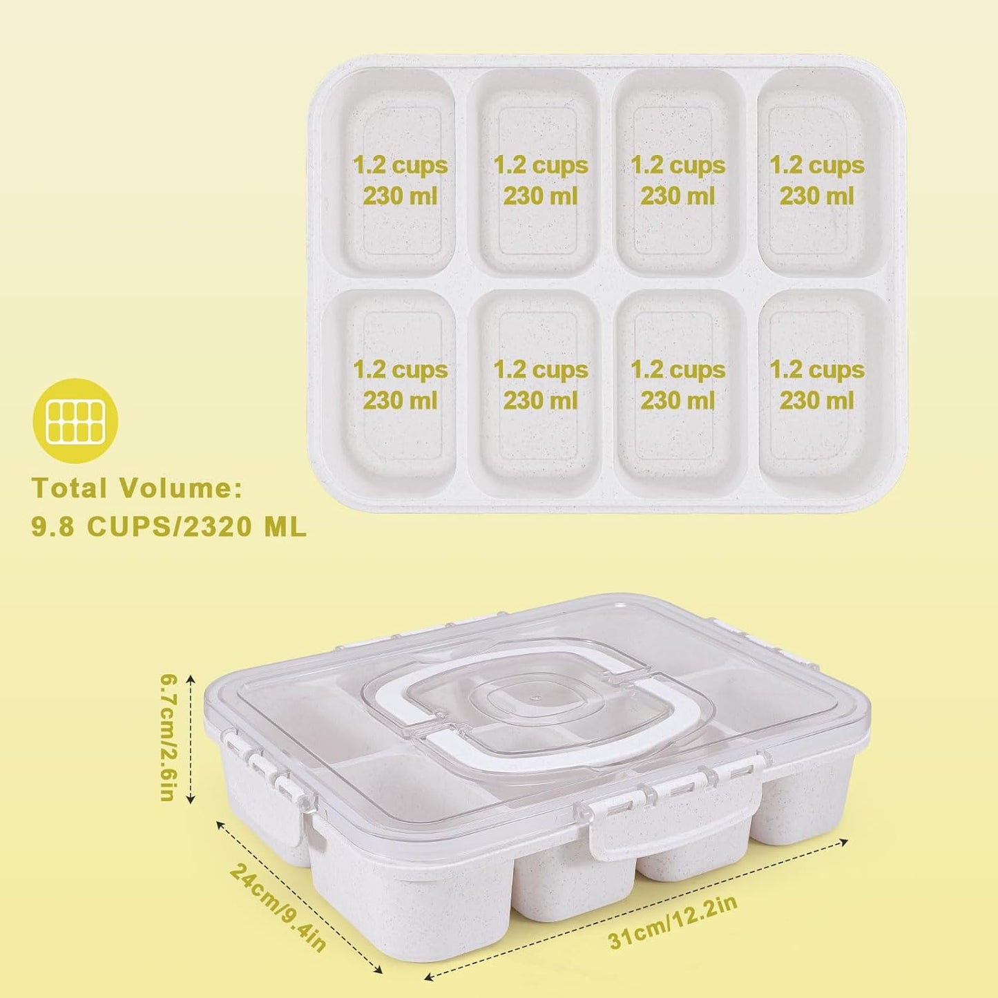 Snackle Box Container, Large 8-Compartment Divided Serving Tray with Lid and Handle, Portable Snack Tray for Travel Party Beach Picnic, Dishwasher Safe, BPA-Free, Wheat Straw