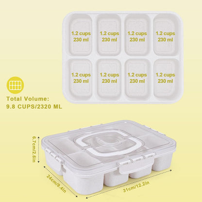 Snackle Box Container, Large 8-Compartment Divided Serving Tray with Lid and Handle, Portable Snack Tray for Travel Party Beach Picnic, Dishwasher Safe, BPA-Free, Wheat Straw