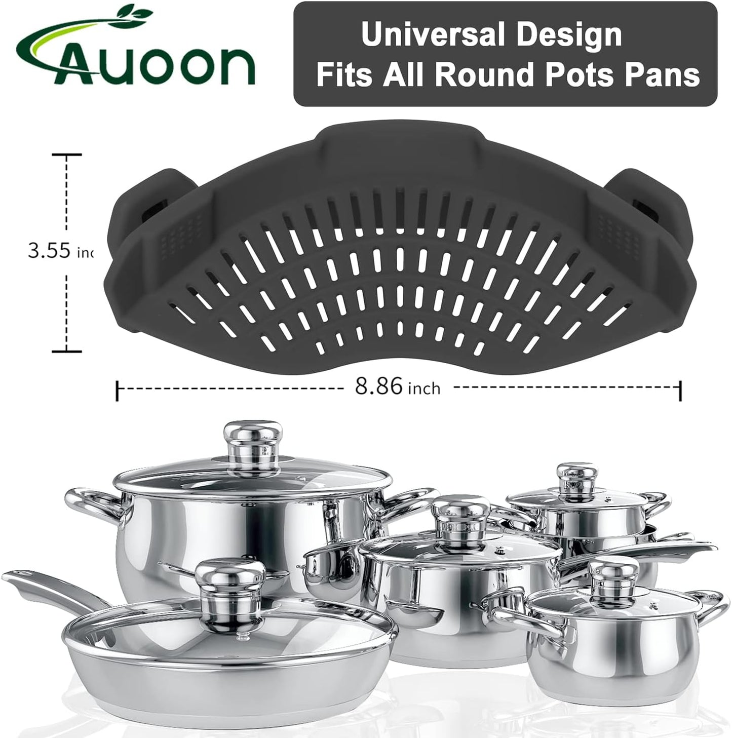 AUOON Clip On Strainer Silicone for All Pots and Pans, Pasta Strainer Clip on Food Strainer for Meat Vegetables Fruit Silicone Kitchen Colander