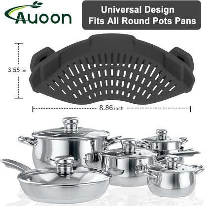 AUOON Clip On Strainer Silicone for All Pots and Pans, Pasta Strainer Clip on Food Strainer for Meat Vegetables Fruit Silicone Kitchen Colander