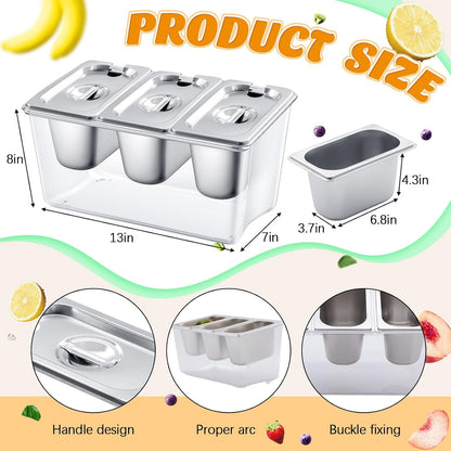 3 Containers Ice Chilled Condiment Caddy 30.5 oz Stainless Steel Serving Dish with Lids (3.75 Cup) for Bar Cold Accessories Hummus Fruit Salad Sauces Party Restaurant Serving Supply