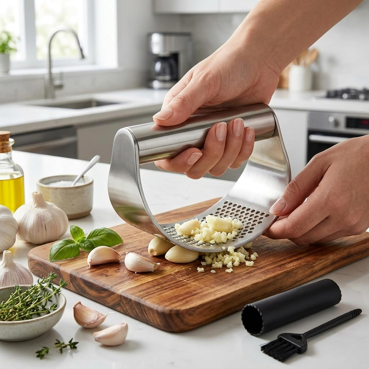 Angel's Peel Lounge Stainless Steel Garlic Press Rocker Set with Silicone Garlic Peeler & Cleaning Brush – Garlic Chopper, Mincer, Grater, Crusher – Easy for Crushed Cloves – Rust-Resistant, Black