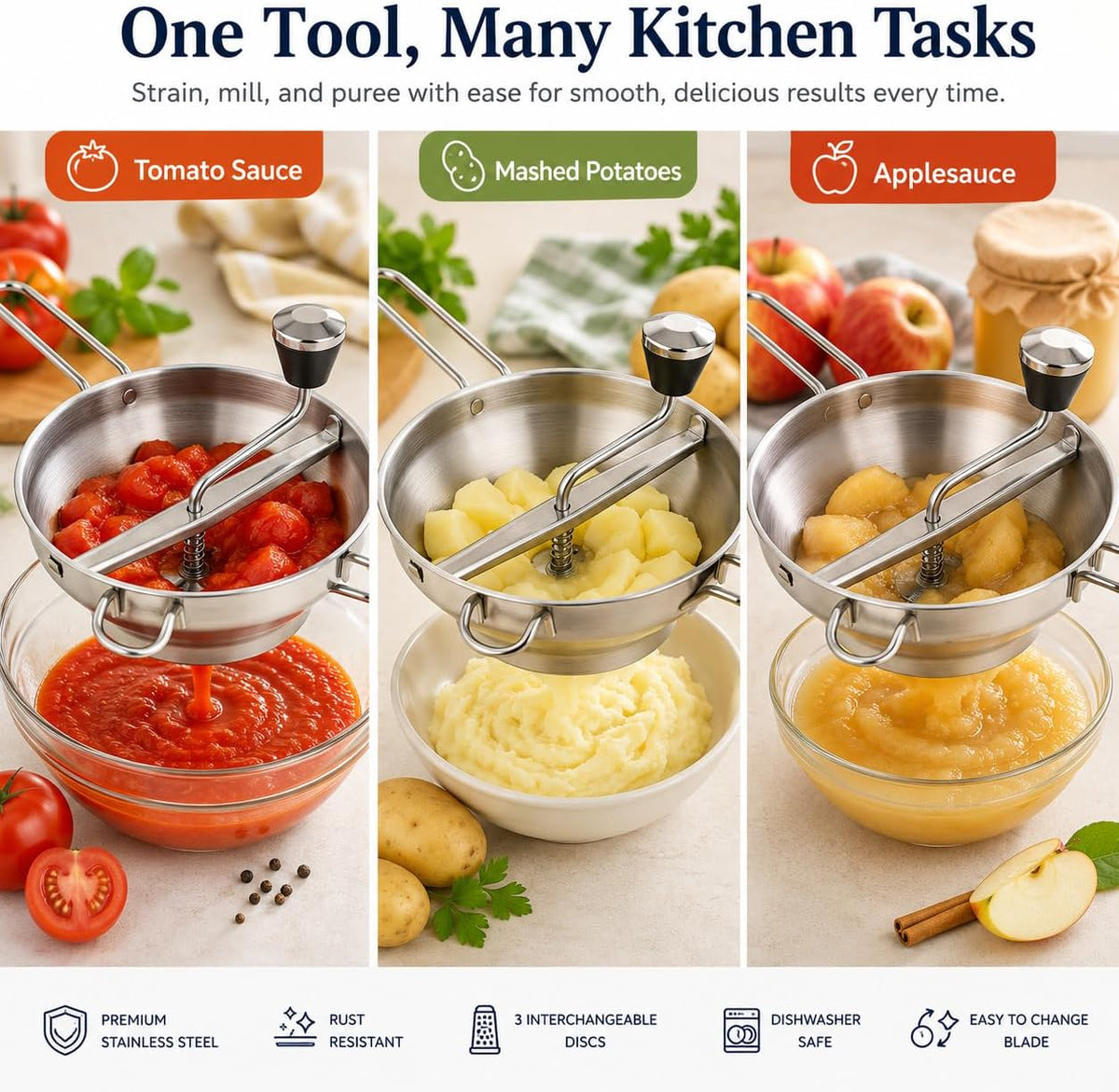 Food Mill Stainless Steel, 2 Qt Manual Food Mill with 3 Discs, Ergonomic Hand Crank, Baby Food Maker & Potato Ricer Stainless Steel for Tomato Sauce, Applesauce, Mashed Potatoes, Purees & canning