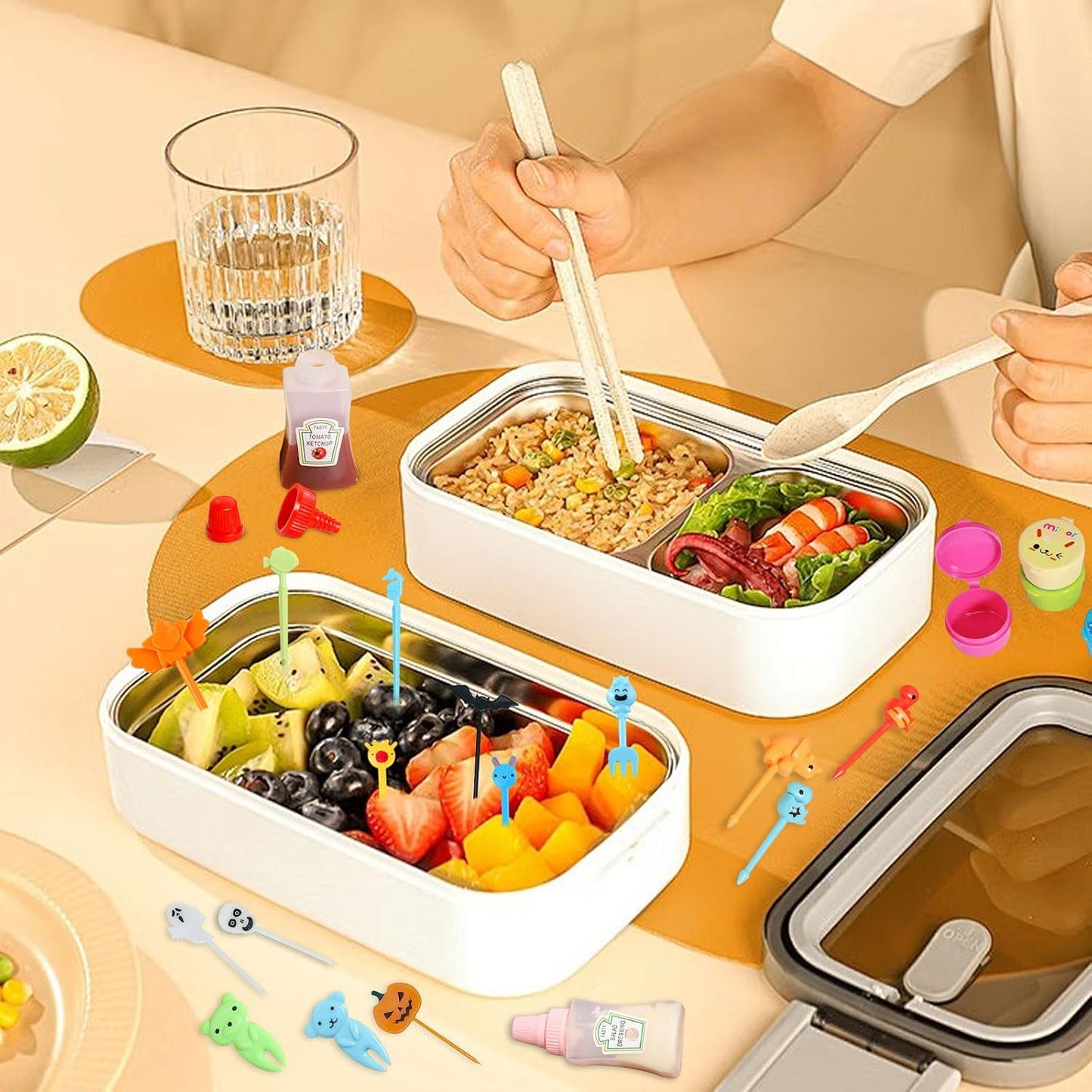 174 Pcs Bento Box accessories Condiment Squeeze Bottles Kids Lunch Accessories Reusable Sauce Containers Mini Ketchup Bottle And Animal Fruit Food Toothpicks for Camping Office Accessories
