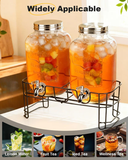 Glass Drink Dispenser 2 Pack with Stand - 1 Gallon Glass Beverage Dispenser for Parties, Juice, Water - Includes Spigot and Filter Separation and Chalkboard Labels