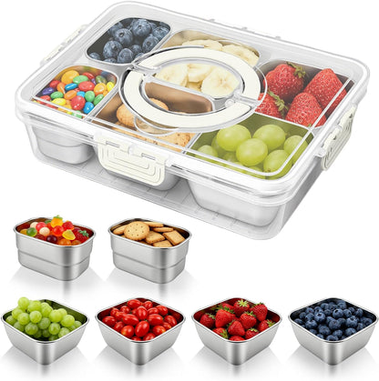 WanshengLe 6 in 1 Snackle Box 3.82L with Lid & Handle, 4 PCS Stainless Steel Snack Box and 2 PCS Plastic Box, 6 Detachable & Dishwasher Safe Snacklebox, Divided Container Box for Snack Fruit Nut