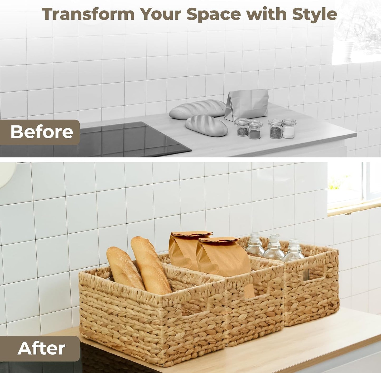 KOKODO Wicker Storage Basket Set of 2, Rectangular Baskets for Shelves with Handles & Chalkboard Labels, Handwoven Water Hyacinth Baskets for Organizing Pantry, Closet & Home.