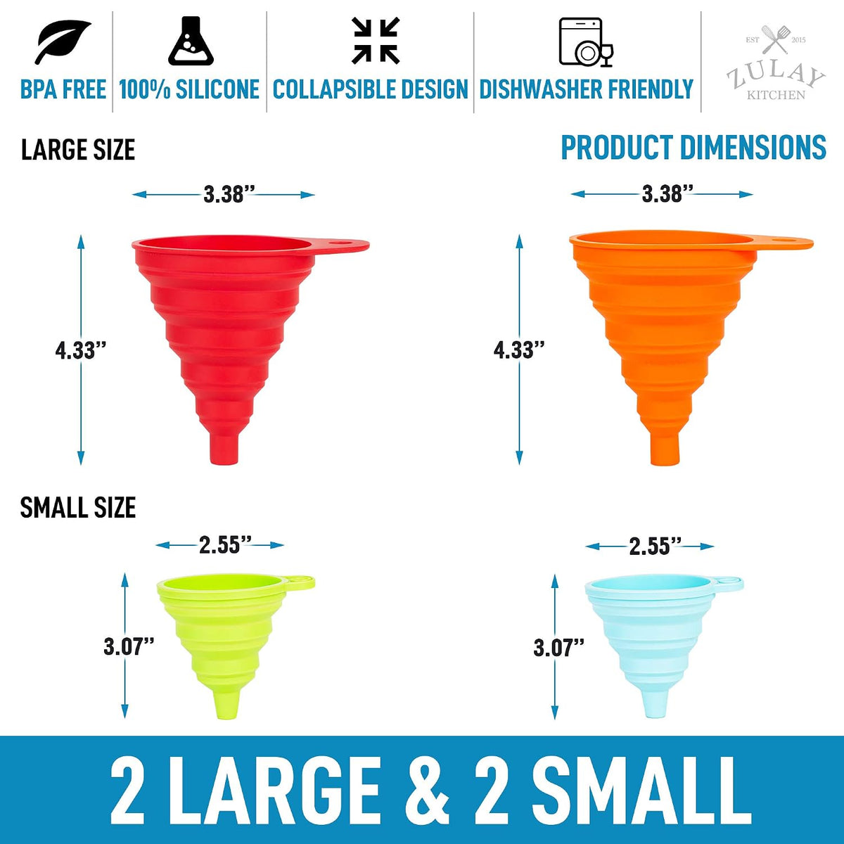 Zulay Kitchen 3-Piece Plastic Funnel Set - Large, Medium, and Small Kitchen Funnels Pouring Spout - for Filling Bottles Water Liquid, Protein Powder, Food Grade Cooking, Drink, Paint, Lotion, Kids