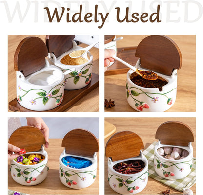Ceramic Salt Cellar Strawberry Relief Lid Jar Spoon