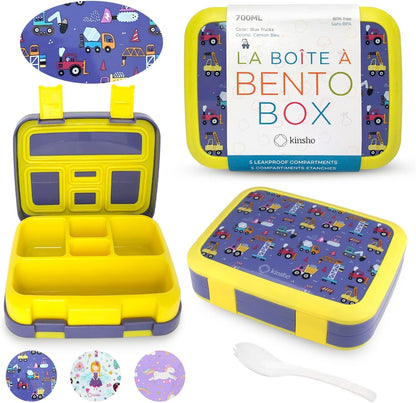 Kinsho Bento Lunch Box for Kids Toddlers, 5 Portion Control Sections, BPA Free Removable Plastic Tray, Pre-School Kid Toddler Daycare Lunches, Snack Container Ages 3 to 7 (Blue Space Rockets)
