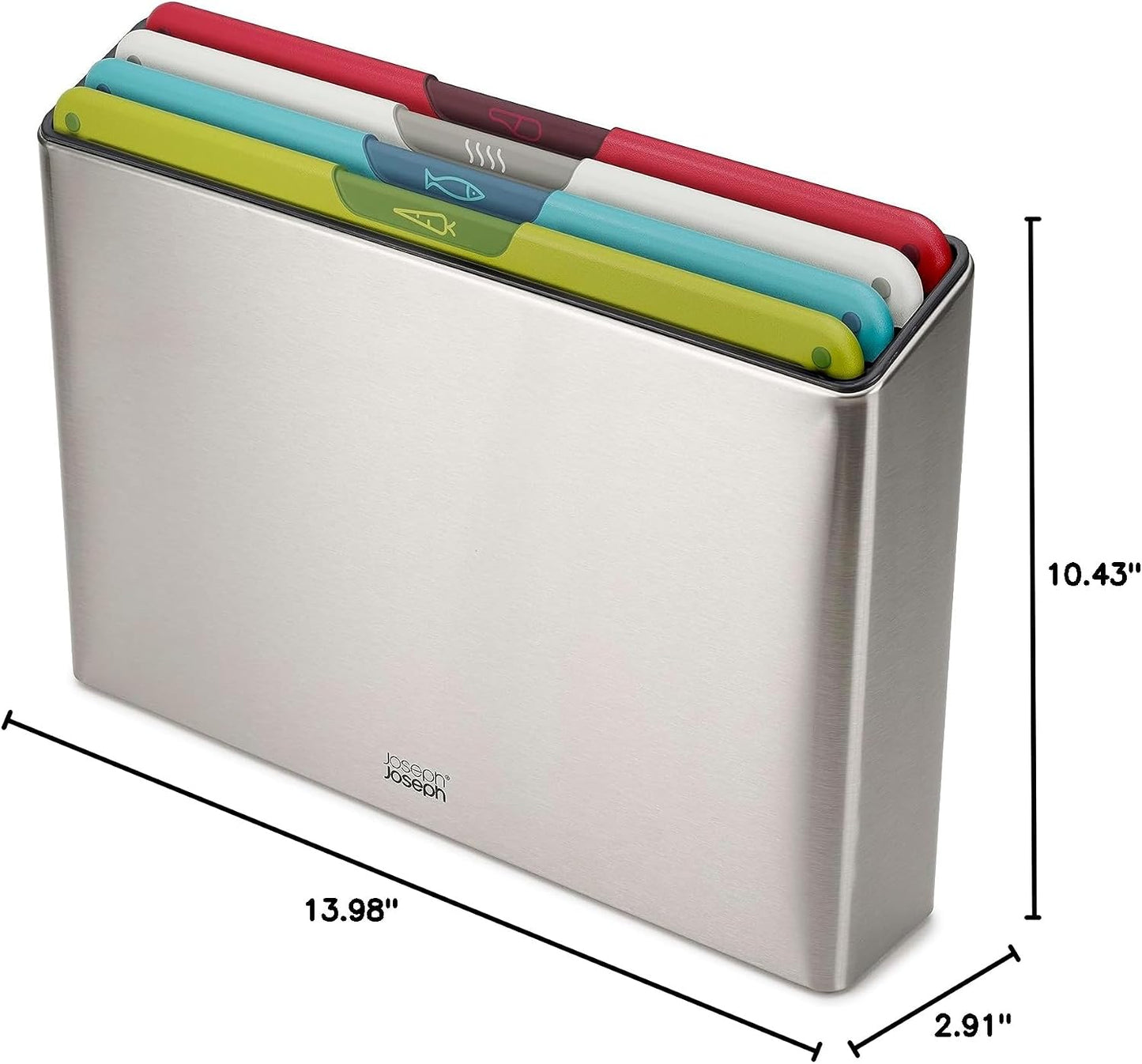 Joseph Joseph Folio Icon 4-Piece Multi Colour coded Cutting Board Set, Stainless Steel Slimline case for organized Kitchen storage, Silver