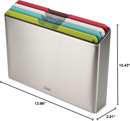 Joseph Joseph Folio Icon 4-Piece Multi Colour coded Cutting Board Set, Stainless Steel Slimline case for organized Kitchen storage, Silver