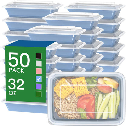 50 Pack (100-Piece) 32 oz Meal Prep Containers Reusable with Easy Open Lids, Sturdy Leakproof Food Safe, Microwave Freezer Dishwasher Safe, To Go Take Out Plastic Food Storage Pans with Lids, Black